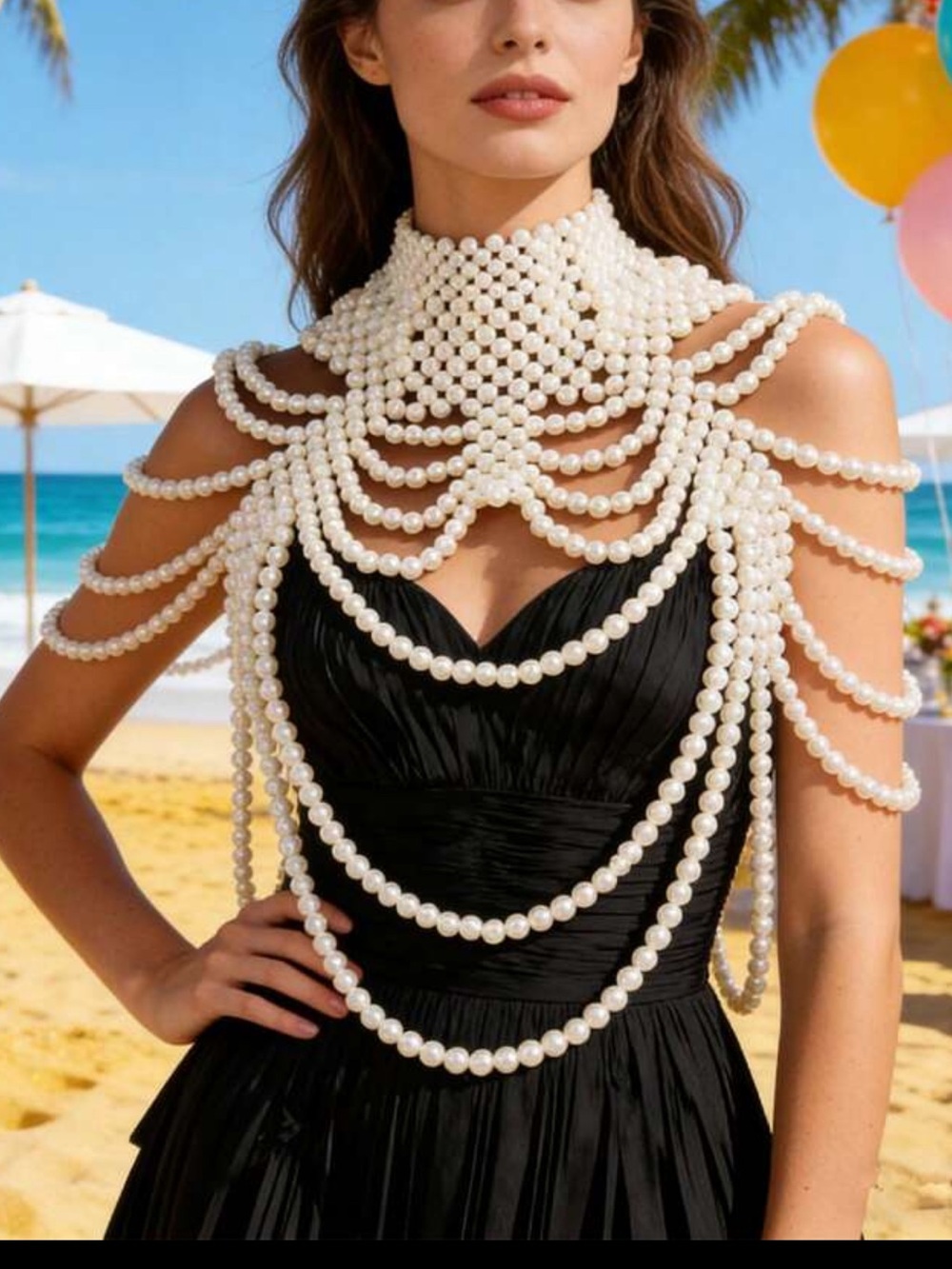 Faux Pearl Multi-Layer Shoulder Chain Necklace - White